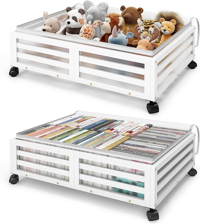 Under Bed Storage Containers With Wheels - 2 Pcs Bamboo Wood Rolling Underbed Shoe Storage Bins With Dust Bags for Clothes Blankets, Duvet Covers Snacks Toys (White)-Ruum Studio Home