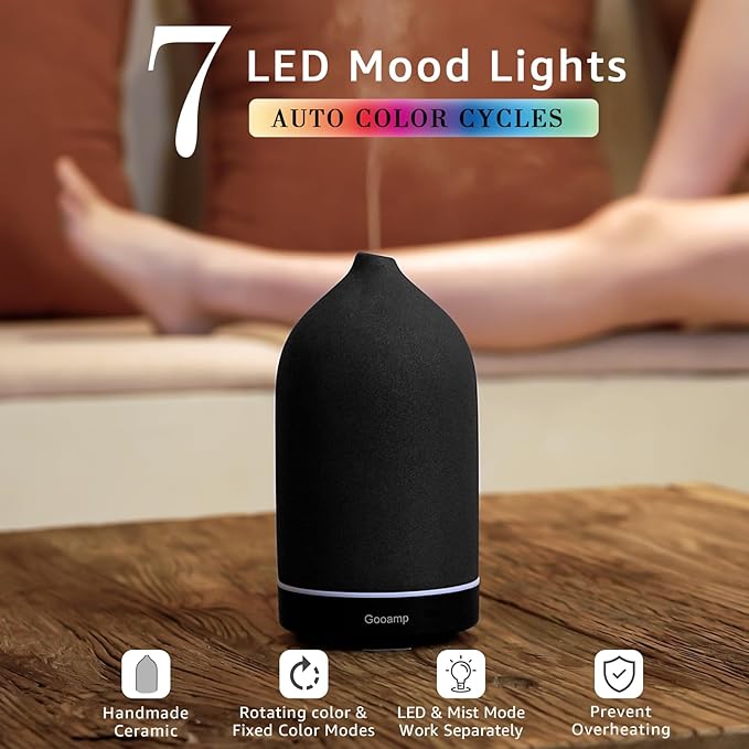 200ML Ceramic Essential Oil Diffuser - Ultrasonic Aromatherapy & Humidifier with 7-Color LED Lights, Auto Shut-Off, Black, 1H/3H/6H Timer | Scent for Home, Office, Yoga-Ruum Studio Home