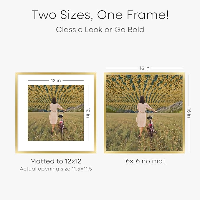 Homeforia 16x16 Picture Frame Gold, High End Metal 16 x 16 Square Poster Frame with Mat 12 x 12 Photo, 16x16 Frame Matted to 12x12 Print, 16by16 Gold Hanging Frames, Tempered Glass, Wall Kit, Set of 1-Ruum Studio Home