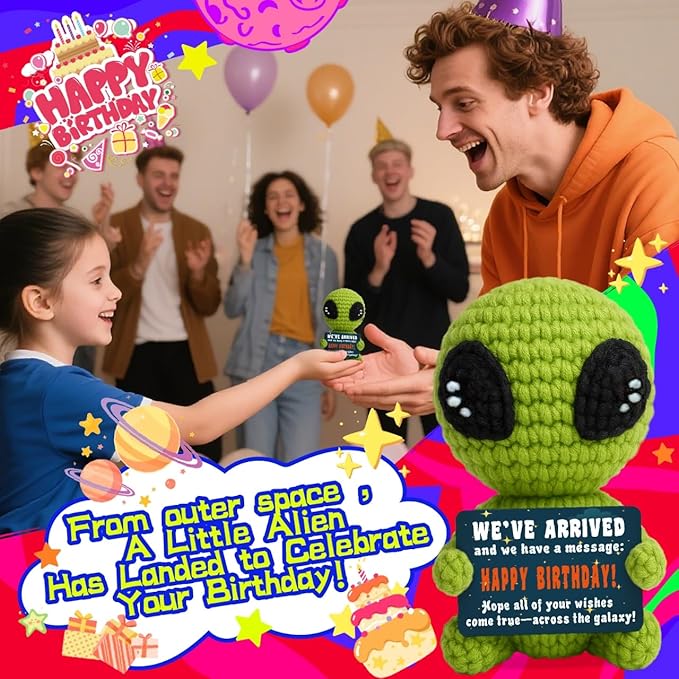 Cute Crochet Alien Plush Toy Unique Birthday Gift for Boys Girls Friends Man Women Handmade Alien Stuffed Animal Funny Space Theme Present for Kids, Teens Sci-Fi Fans-Ruum Studio Home