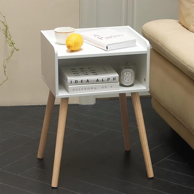 MaxSmeo White Nightstand, Small Bed Side Table for Small Spaces,Mid Century Modern Nightstand End Table with Storage and Solid Wood Legs for Bedroom Living Room(White)-Ruum Studio Home