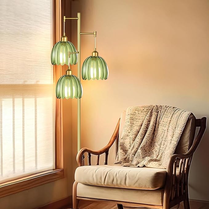 Gold Floor Lamp for Living Room,Bedroom,Mid Century Modern Standing Lamp Brass Tree 3 Light Tall Floor Lamps Vintage Retro Floor Lights Glass Green Flower Lamp Shade Farmhouse Boho Bohemian-Ruum Studio Home