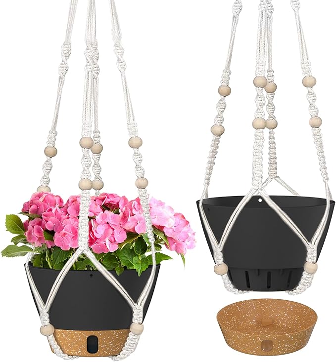 ZMTECH 2 Pack 10 Inch Hanging Planters with Macrame Plant Hanger for Indoor and Outdoor Plants, Self Watering, Drainage Hole, Visible Level Tray, Gray-Ruum Studio Home