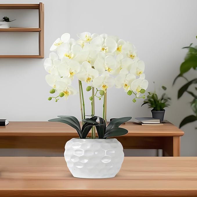 Orchid Artificial Flowers with White Vase Large Silk Faux Phalaenopsis Flowers for Dining Room Table Floral Centerpieces Indoor Decoration,White-Ruum Studio Home