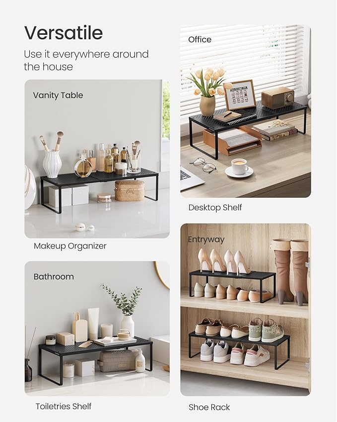 SONGMICS Spice Rack, Expandable Kitchen Countertop Shelf, Small Cupboard Organizer, Metal, Space-Saving Tabletop Shelf, Matte Black UKCS007B01-Ruum Studio Home