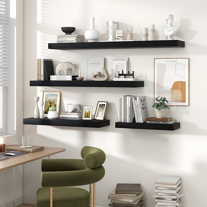 Heimlove 48" Black Floating Shelves for Wall,10 Deep Rustic Wood Display & Storage Wall Shelves with Heavy Duty Brackets for Bathroom,Bedroom,Kitchen,Living Room,Office-Ruum Studio Home