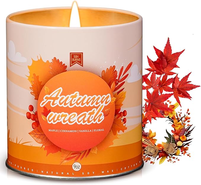 Autumn Wreath Fall Candles for Home Scented Natural Soy Wax Non Toxic Birthday Candles Scented Candle 40 Hours Bruning 9oz Aromatherapy Candle Gifts for Women Halloween Birthday Thanksgiving-Ruum Studio Home