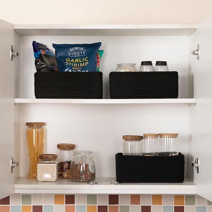 3 Pack Small Storage Baskets for Organizing, Cute Woven Decorative Gift Baskets for Shelves, Mini Closet Organizer Bins with Handles, 11.81''Lx7.87''Wx4.72''H-Black-Ruum Studio Home