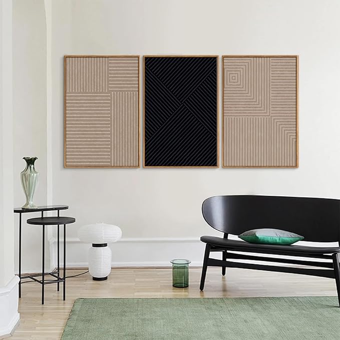 Tinonedraw Mid Century Modern Framed Canvas Wall Art Set of 3, Neutral Abstract Art Prints, Black and Brown Geometric Minimalist Wall Decor for Living Room Bedroom Office Dining Room 16"x24"x3-Ruum Studio Home