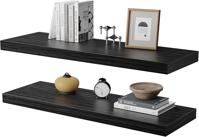 Large Floating Shelves for Wall Set of 2 Wooden Wall Shelves 24 in x 12.75 in x 2 in Room Decor Long Shelf with Invisible Wall Mount Bracket for Bedroom Kitchen Living Room Black Wood-Ruum Studio Home