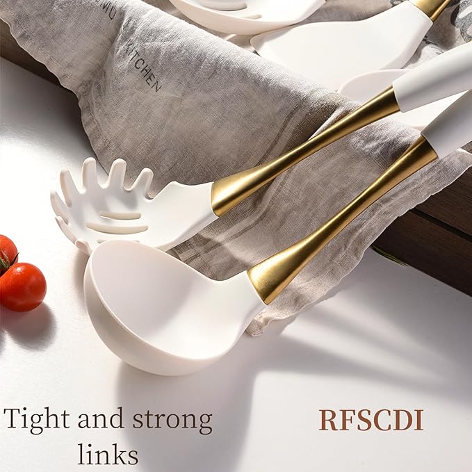 Elegant White Gold Silicone Cooking Utensils Set - Non-Toxic, Dishwasher Safe Kitchen Utensils Set with Heat Resistant Comfort Handles - Includes Spatula & Spoon for Nonstick Cookware-Ruum Studio Home