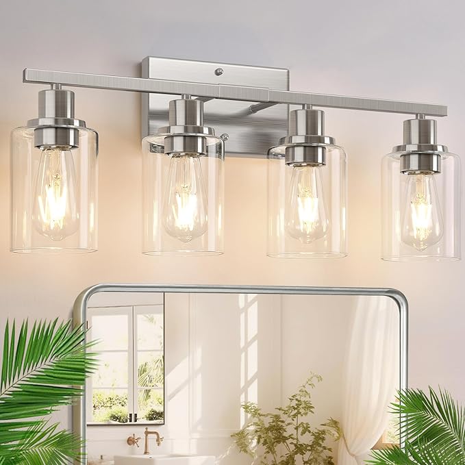 4-Light Bathroom Light Fixtures, Brushed Nickel Vanity Lights with Clear Glass Shades, Modern Bathroom Wall Lamp for Mirror Living Room Cabinet Bedroom Porch-Ruum Studio Home