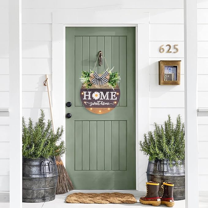 Interchangeable Seasonal Welcome Sign Front Door Decoration with 4 Seasonal Wreaths and LED Light, Rustic Round Wood Wreaths Wall Hanging Outdoor, Farmhouse Front Door Decoration Home Décor-Ruum Studio Home