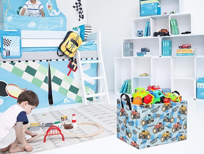 HIYAGON Rectangular Monster Truck Basket for Kids Baby Basket for Boys and Girls Cute Toy Storage Organizer Bin Box Truck Room Decor(Monster Truck)-Ruum Studio Home