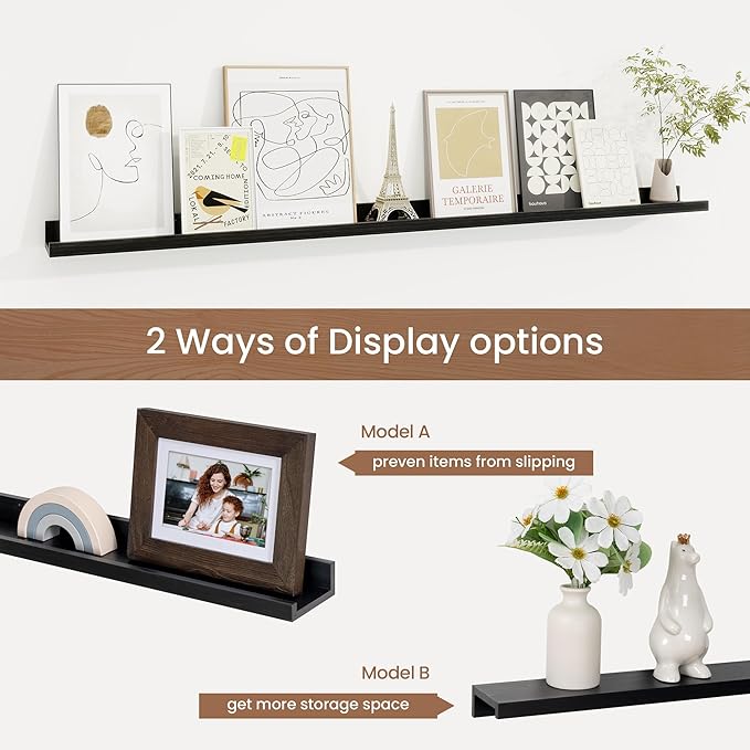 Picture Ledge Shelf, Solid Pine Wood Floating Shelves Set of 2, 48 Inches Nursery Book Shelves for Toys Storage, Kids Bookshelf Wall Mounted for Living Room Bedroom Decor Books Photo Frames, Black-Ruum Studio Home