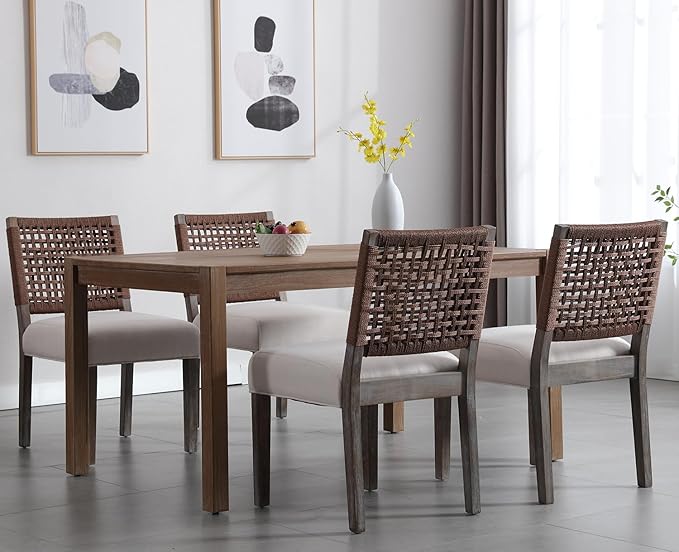 Kmax Farmhouse Dining Chairs Set of 6, Rustic Kitchen Chairs with Linen Fabric Seat and Woven Back, Vintage Accent Chairs for Dining Room, Living Room, Beige-Ruum Studio Home