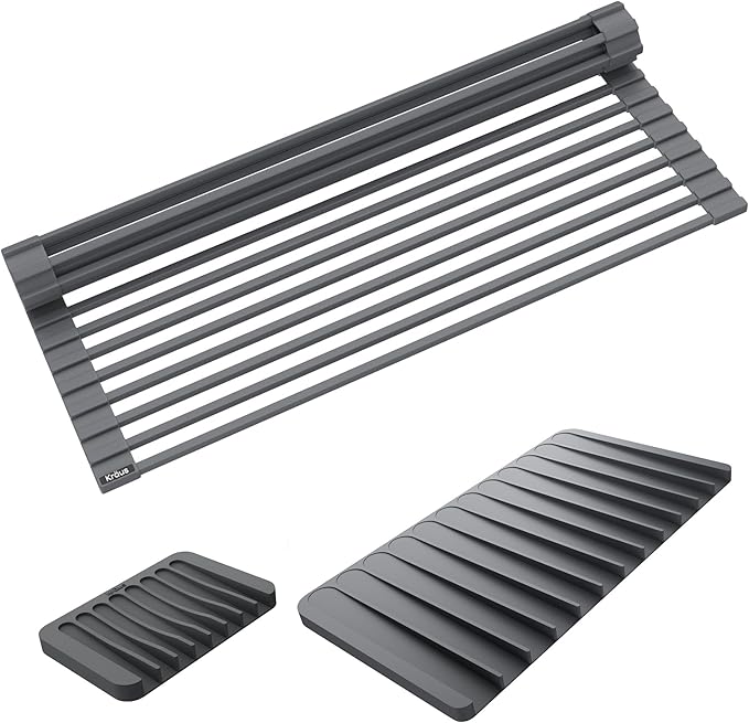 Kraus Roll Up Dish Drying Rack with Self-Draining Silicone Dish Drying Mat and Silicone Soap Dish Holder in Dark Grey, KDM-KRM-10DG-Ruum Studio Home