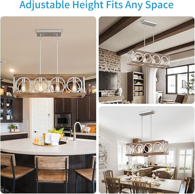 XINGQI Farmhouse Dining Room Chandeliers, Rectangle Vintage Hanging Lighting Fixtures, 4-Light Kitchen Island Lighting, Rustic Metal Chandelier Pendant Light, Antique Wood Grain XY082-Ruum Studio Home
