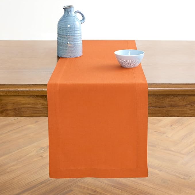 Solino Home Linen Table Runner 108 Inches Long - 100% Pure Linen Persimmon Orange Dining Table Runner 14 x 108 Inch for Fall, Autumn, Halloween, Thanksgiving - Fete-Ruum Studio Home