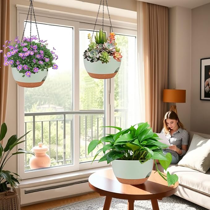 2 Pack Hanging Planters for Indoor Outdoor Plants, 12 Inch Self Watering Hanging Pot with Drainage Holes and Saucer, Plastic Plant Pots, Green Brown Flower Pots for Kitchen, Balcony, Garden-Ruum Studio Home