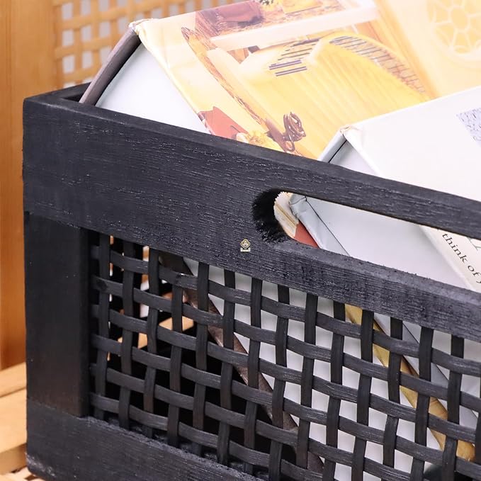 YRMT Wood Storage Crate Basket Rustic Wooden Storage Container for Organizing Decorative Bamboo Box with Handles for Pantry, Shelves Organizer 11.4" x 11.4" x 5" (Black)-Ruum Studio Home