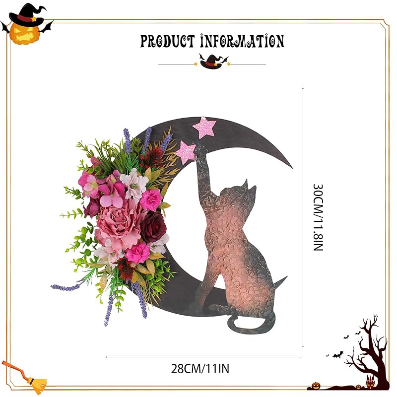 Halloween Wreaths for Front Door with Light, Black Cat Crescent Moon Wreath, Cute Cat Garland Halloween Door Decorations for Outdoor Indoor Decor Wall Window Home Party-Ruum Studio Home