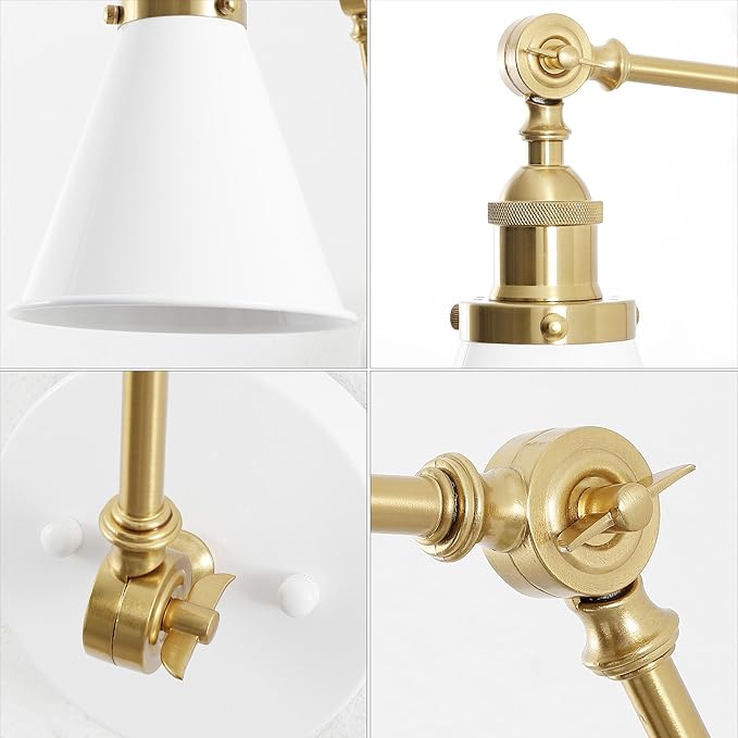 JONATHAN Y JYL7462B-SET2 Rover 7" Classic Industrial Metal Adjustable Arm LED Wall Sconce, White/Brass Gold (Set of 2) for Bedroom, Bathroom, Vanity-Ruum Studio Home