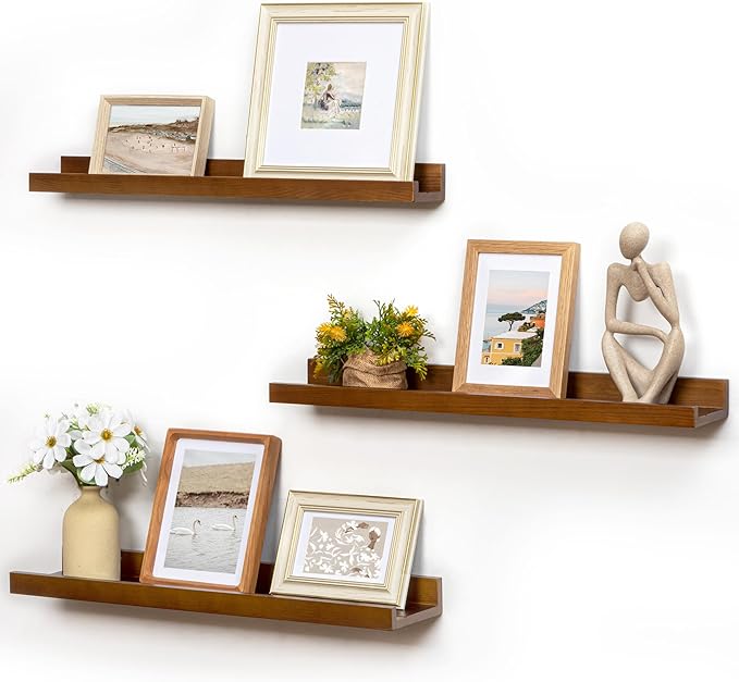 Picture Ledge Wall Shelves 24 inches Width Set of 3, Solid Pine Wood Rustic Floating Ledge Shelves for Wall for Kids' Room Bedroom Kitchen Bathroom Living Room Nursery Display Wall Decor, Walnut-Ruum Studio Home
