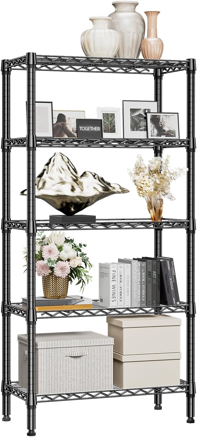 1250 lbs 5 Tier Shelf Metal Storage Shelves Shelving Wire Rack Heavy Duty Closet Organizers for Garage Kitchen Bathroom Laundry Black 13.8" D x 29.5" W x 59.5" H-Ruum Studio Home