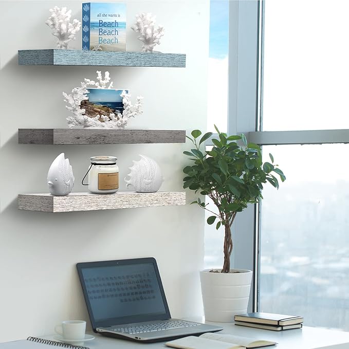 Sorbus Floating Shelves - 3 Pack 16 Inch Rustic Grey Blue Rustic Wall Shelves for Bedroom, Kitchen, Living Room, Bathroom Shelves, Home Decor, Office - Floating Shelf for Trophies, Frames-Ruum Studio Home