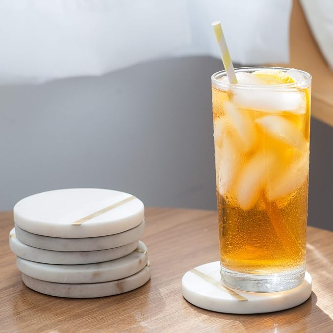Cork & Mill Marble Coasters Set of 6 - Luxury Aesthetic Modern Decor for Coffee Table- White Marble with Gold Brass Inlay - Real Natural Semi Absorbent Stone Coasters-Ruum Studio Home