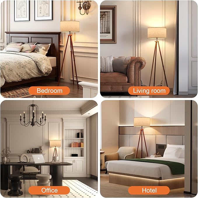 LiteHistory Wood Tripod Floor Lamps for Living Room, Bedroom, and Office,Standing lamp with Beige Linen Shade, 12W Three-Color Bulb Included, Pull Chain Switch, Tall lamp for Mothers Day Gifts, Brown-Ruum Studio Home