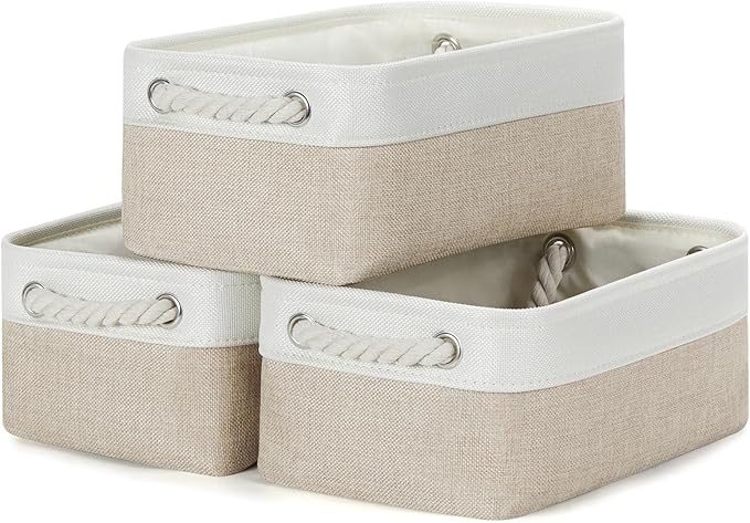 Bidtakay Small Baskets Fabric Storage Baskets for Organizing 3-Pack 12x8x5 Inch Collapsible Storage Bins for Shelves Canvas Bins for Closet Organization Baskets Storage Linen Closet S-White&Beige-Ruum Studio Home
