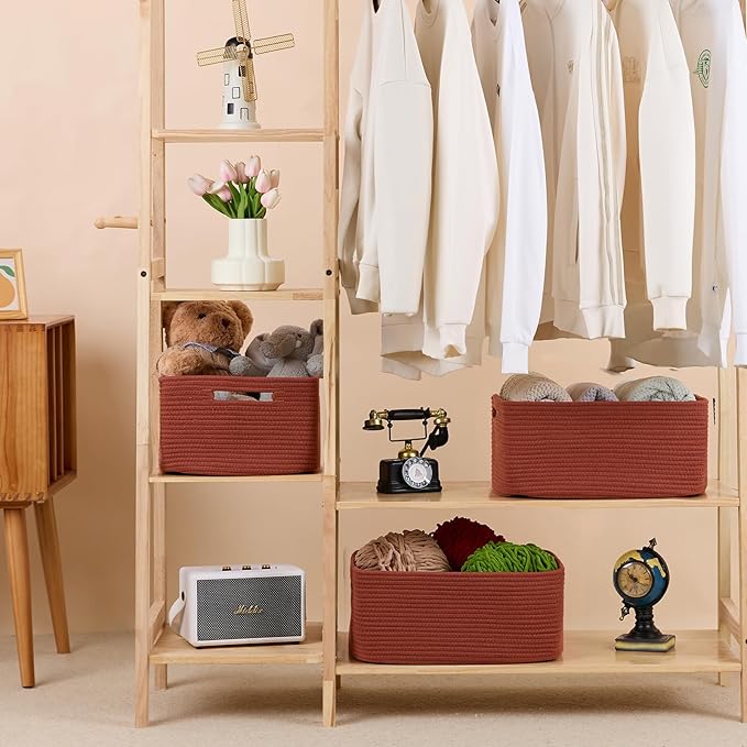 Large Storage Baskets for Shelves, Closet Organizers Bins for Clothes Blanket Towels, Baby Nursery, Toy Baskets Box, Woven Rope Baskets, 17 x 13 x 7.5”, 3 Packs Oxide Red-Ruum Studio Home