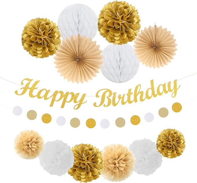 White-Gold Champagne Birthday Party-Decorations Paper-Flowers - 14pcs Happy Banner Engagement Honeycomb Tissue Pom Poms,Women Streamers Garland Beige Fans,21st 18th Girl Hanging Supplies Decor Hugfond-Ruum Studio Home