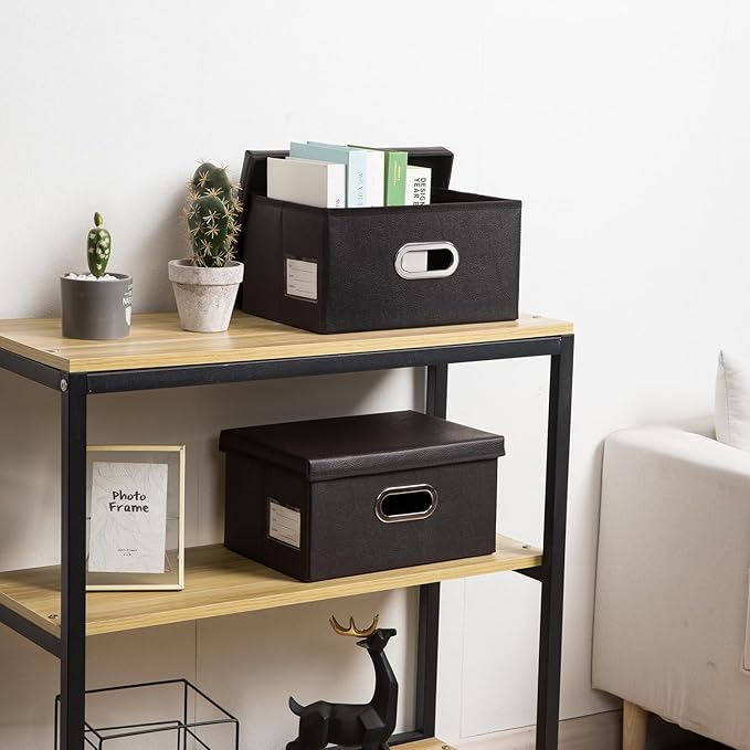 PRANDOM Collapsible Storage Box with Lid [3-Pack] Leather Fabric Foldable Storage Bin Organizer Container Basket Cube with Cover for Home Bedroom Closet Office Nursery Black(13.6x9.6x6.9)-Ruum Studio Home
