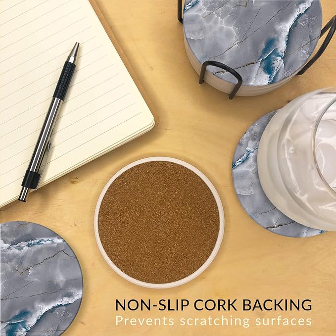 Emerson Coasters for Drinks Absorbent – Natural Stone Drink Coasters Set with Holder, Coasters for Coffee Table, Wooden Tabletop Protection Marble Style – 100% Heavy Duty Set of 6 (Graphite)-Ruum Studio Home