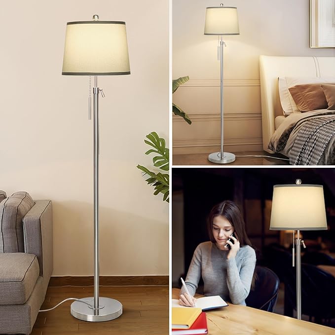 Floor Lamp for Living Room,Adjustable Height Standing Lamp,Dimmable Modern Floor Lamps for Bedroom Office Tall Floor Lights with Pull Chain Bulb Included-Silver Gray Shade-Ruum Studio Home