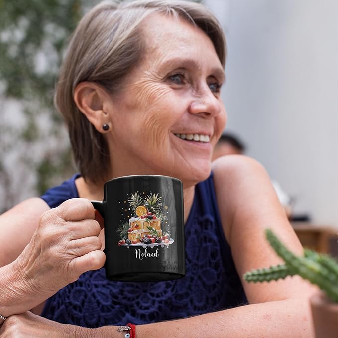 Personalized Christmas Decorative Mug - Fruit Cake Design Coffee Cup for Cake Lovers - Customized Black 11oz/15oz Cup for Daughter-Ruum Studio Home