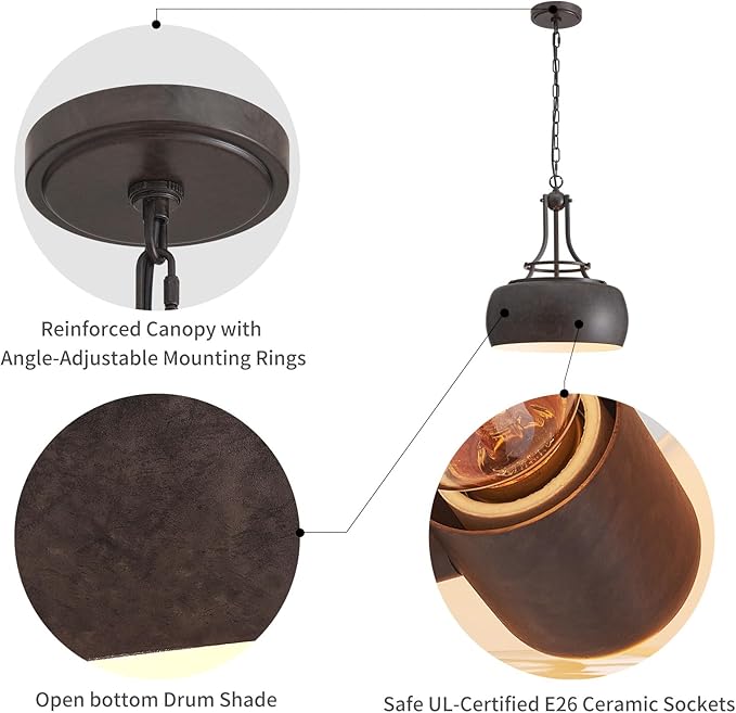 WUZUPS Chandelier Rustic Farmhouse Industrial Round Ceiling Pendant LED Light Fixture with Open Bottom Drum Shade, H 15.7" x W 13.4", Distressed Rust-Ruum Studio Home