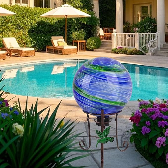 10" Diameter Gazing Ball with 8.5" Hummingbird Metal Stand Outdoor Garden Decor,Glass Globe Sphere Yard Art Decorations Outdoor,Glass Gazing Balls for Garden,Home,Lawn,Patio,Porch(Blue)-Ruum Studio Home
