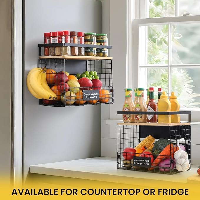 [WIDER Shelf]1 SET Strong Magnetic Shelf Basket for Fridge with Tag & Bamboo Top, XXL Large Magnetic Spice Rack Shelves for Side of Refrigerator, Kitchen Pantry Storage Organizer for Food Fruit Veg-Ruum Studio Home