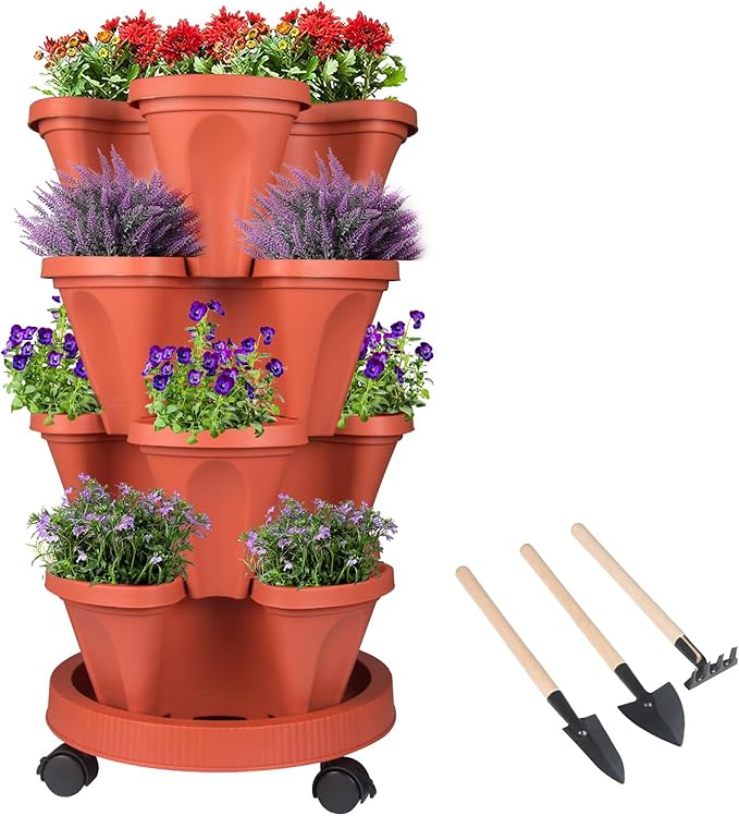 Vertical Planter 4 Tier Stackable Planters Garden Planters Strawberry Herb Flower and Vegetable Planter Indoor Outdoor Gardening Pots with Removable Wheels and Tools-Ruum Studio Home