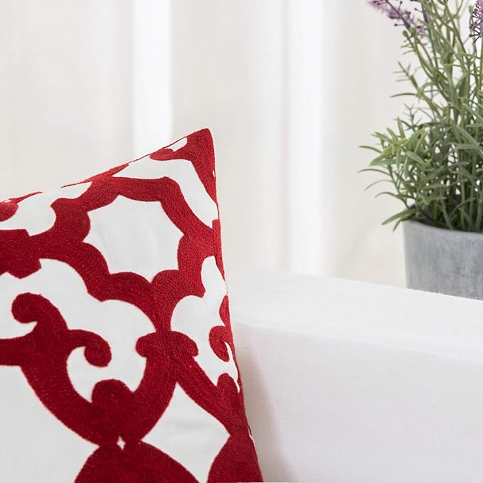 HWY 50 Red Decorative Throw Pillow Covers 18x18 Inch (1 Piece), Embroidered Cotton Farmhouse Cushion Cover Pillow Case for Sofa Couch Living Room Bed, Geometric-Ruum Studio Home