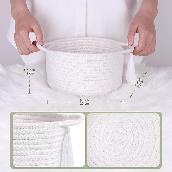 Empty Gift Basket Mini Woven Rope Organizer Baskets for Baby Shower, Vanity, Makeup, Bathroom, Tiny Toys, Desk - Small Decorative Storage Bins - Set of 2, Pre-Shaped, White-Ruum Studio Home