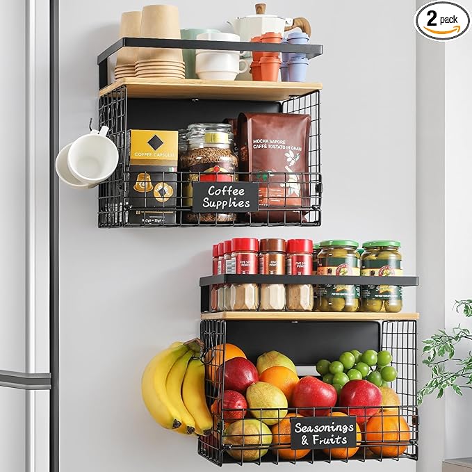 [WIDER Shelf]2 SET Strong Magnetic Shelf Basket for Fridge with Tag & Bamboo Top, XXL Large Magnetic Spice Rack Shelves for Side of Refrigerator, Kitchen Pantry Storage Organizer for Food Fruit Veg-Ruum Studio Home