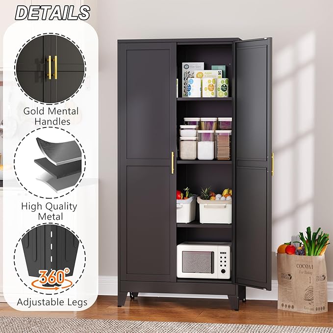 Metal Pantry Cabinet with 2 Doors and Adjustable Shelves, 61"Kitchen Storage Cabinet with Gold Handles, Versatile Storage for Laundry, Living, Bathroom, Dining, Utility Room - Black-Ruum Studio Home