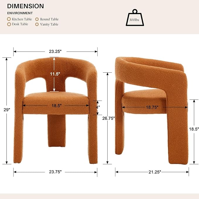 Orange Sherpa Dining Chairs Set of 2, Modern Barrel Dining Room Chairs Upholstered Faux Fur Accent Chair with Arms and Round Back for Living Room Kitchen Armchair No Assembly Needed-Ruum Studio Home