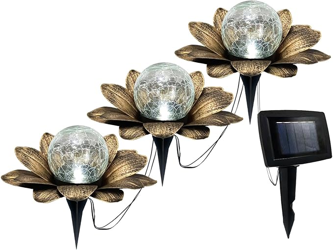 LEWIS&WAYNE Solar Garden Lights Outdoor, 3 Pcs Coppery Lotus Flower Pathway Lamps with Cool White Crackle Glass Globe Led Lights for Patio Pathway Yard Balcony Garden Decorations-Ruum Studio Home