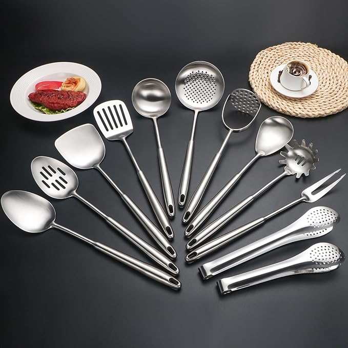 304 Stainlss Steel Kitchen Utensils Set, 12 Pcs Long Metal Cooking Utensil Gadgets Tools Set with Spatula, Ladle, Spoon, Ladle, Skimmer, Tunner, Pasta Server, Tongs(Silver, Dishwasher Safe)-Ruum Studio Home